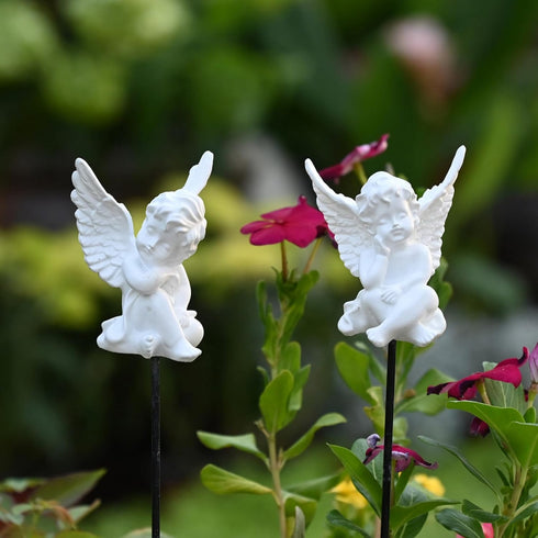 OwMell Set of 2 Decorative Angel Garden Stakes, Small Angel Fairy Garden Angel Ornaments, Cherub Angel Memorial Statue Flower Pot Decorations - Wh...