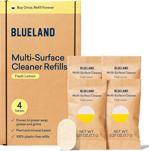 BLUELAND Multi-surface All Purpose Cleaner Refill Tablet 4 Pack | Eco Friendly Product & Cleaning Supplies - Fresh Lemon Scent | Makes 4 x 24 Fl o...