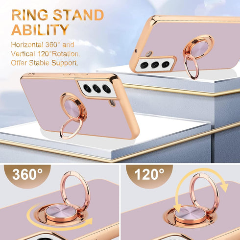 Compatible with Samsung Galaxy S21 Case, Finger Ring Holder Case Rose Gold Plating Design for Women Girls Rotating Holder Kickstand Magnetic Shock...