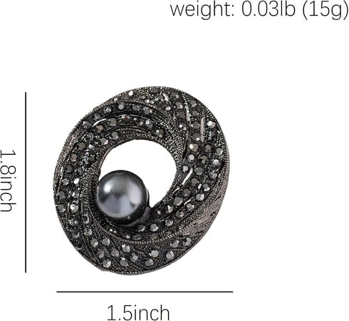 ROFARSO Dark Silver Victorian Style Twist Round Brooch Pin with Black Pearl for Women Dark Gray Rhinestone Crystal Accessory for Wedding Party Gif...