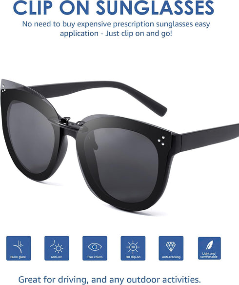 Black Polarized Clip On Sunglasses Over Prescription Glasses for Men Women, Fit Over Eyeglasses Trendy Shades...