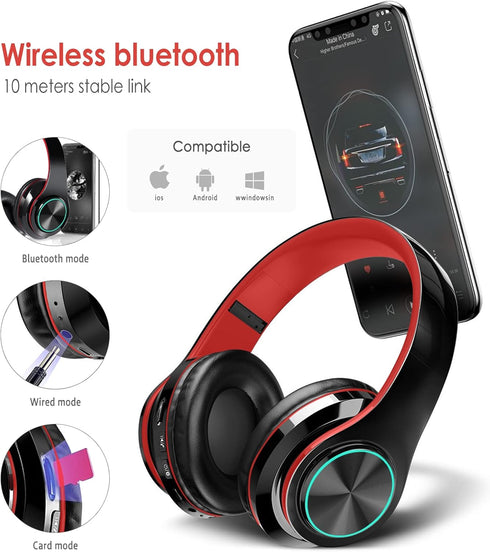 2022 Wireless Bluetooth Headphones,Colorful LED Lights Comfort Over Ear Foldable Headset with Built-in Microphone,FM,SD Card Slot,Wired for School...