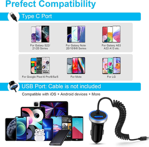 3.4A Fast Car Charger, Android Type C Car Charger Adapter with 3ft USB C Coiled Cable for Google Pixel 8a 7 7pro 8pro 6a 6pro 5a 2XL, Moto G Pure/...