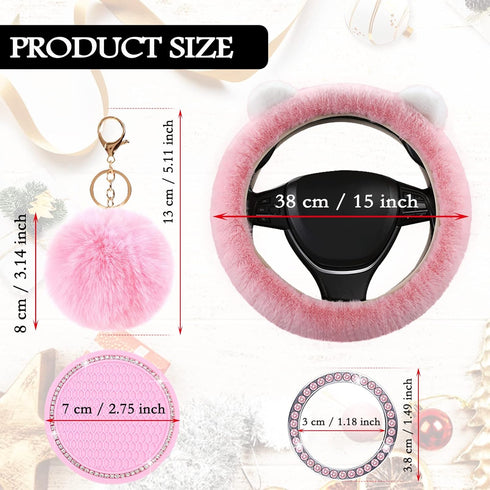 1 Sets 6 Pieces Fluffy Steering Wheel Cover for Women Girls, Includes Soft Fur Steering Wheel Cover Car Coaster Plush Keychain Rhinestone Ring Sti...
