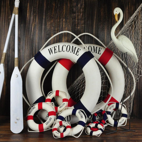MorroMorn Lifebuoy Wall Hanging Decor - Welcome Aboard Mediterranean Style Home Decoration (Red, 14")...