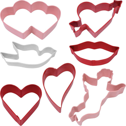 R&M Valentine Cookie Cutter Set, Includes 7 Shapes, Heart, Double Heart, Arrow, Dove, Lips, Cupid Cookie Cutter. Red, Pink, White Polyresin Coated...