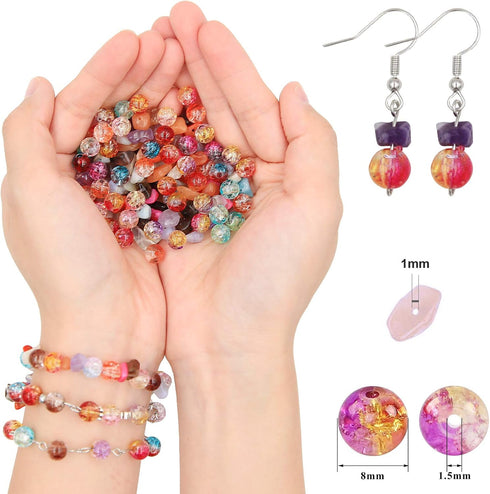 EuTengHao 1458Pcs Irregular Chip Stone Beads Natural Gemstone Beads and Crackle Lampwork Glass Beads 8mm Round Handcrafted Crackle Beads Kit for B...