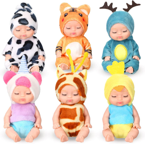 Leitee 6 Pcs 4 Inch Mini Baby Dolls Gift Set, Mini Reborn Baby Dolls Bulk, Realistic Baby Doll with Animal Clothes, Lifelike Cute Small Baby Doll ...