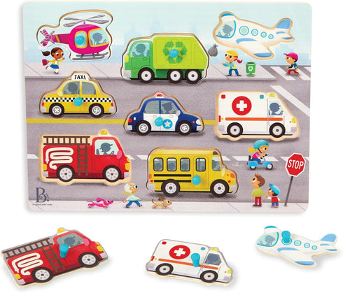 B. toys- Peek & Explore - Vehicles- Wooden Peg Puzzle – Vehicle Puzzle for Toddlers, Kids – 8 Puzzle Pieces – Fire Truck, Airplane, Taxi & More – ...