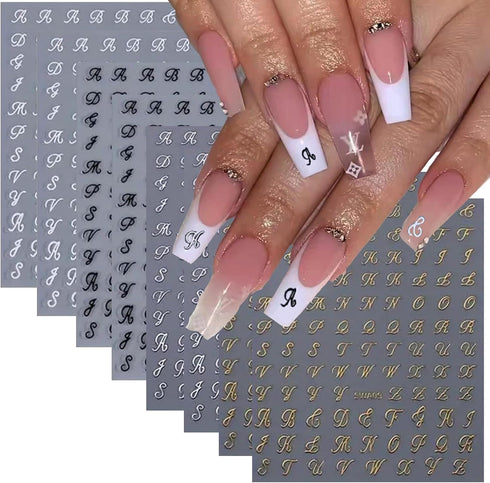 Retro English Letters Nail Stickers for Nail Art 8 Sheets 3D Self-Adhesive Black White Gold Silver Design Nail Decals Pegatinas Uñas Personalized ...