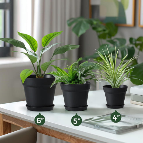 T4U 4 Inch Plant Pots 8-Pack - Small Plastic Planter with Drainage Hole and Saucer, Decorative Nursery Pot Bulk for African Violet, Snake Plant, S...