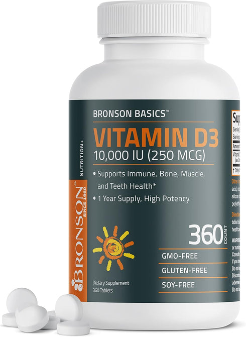 Bronson Vitamin D3 10,000 IU (250 MCG) 1 Year Supply for Healthy Muscle Function and Immune Support, Non-GMO, 360 Tablets...