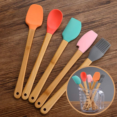 5 Piece Silicone Spatula,Mini Rubber Spatula Wooden Handle,Heat Resistant Silicone Spatula Set,Kitchen Utensils Non-Stick For Baking,Cooking And M...