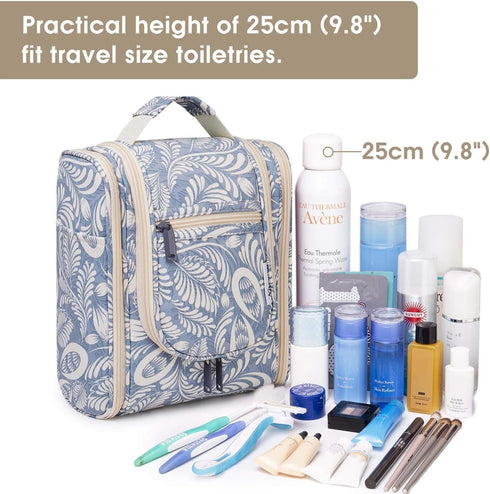 Narwey Hanging Toiletry Bag Women Travel Makeup Bag Organizer Toiletries Bag for Travel Size Essentials Accessories Cosmetics (Medium, Blue Leaf-1...
