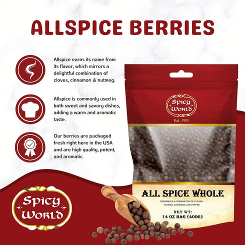 Spicy World Whole Allspice Berries 14 Oz Resealable Bag | All Spice Pimento Jamaica Pepper for Cooking & Seasoning | Versatile Berry for Curries, ...