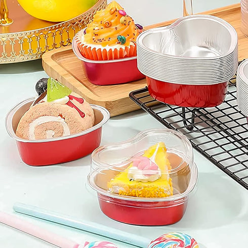 Heart Shaped Cake Pans for Baking with Red Petals, BLVRYVIO 50 Sets Aluminum Cupcake Cups with Lids, 100 ml/ 3.5 Ounces Red Disposable Mini Foil P...