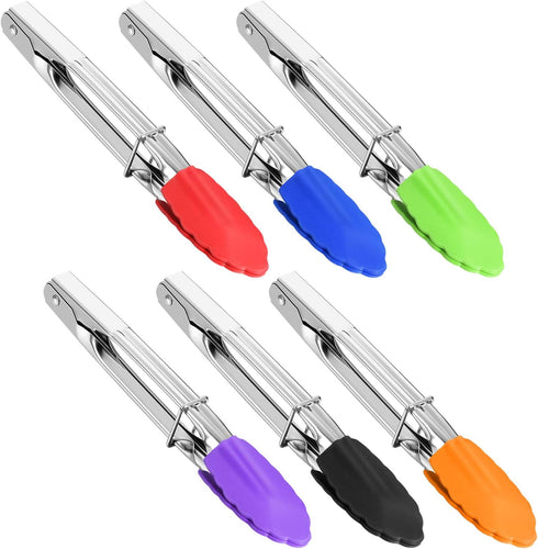 6 Pieces 7 Inch Mini Silicone Tip Tongs Kitchen Serving Tongs Small Metal Locking Tongs for Salad Grilling Cooking, 6 Colors...