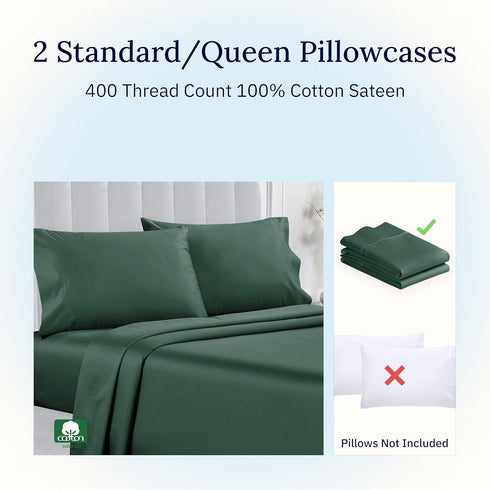 California Design Den Standard Queen Size Pillowcase Set - 400 Thread Count, 100% Cotton Sateen, Set of 2 Pillow Covers, Breathable, Cooling, Soft...