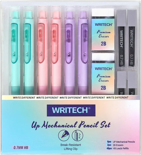WRITECH Up Mechanical Pencil Set: 6ct Pastel Mechanical Pencils 0.7mm with 4 Tubes of HB Lead Refills and 2 Extra Erasers for Writing Drawing Sket...