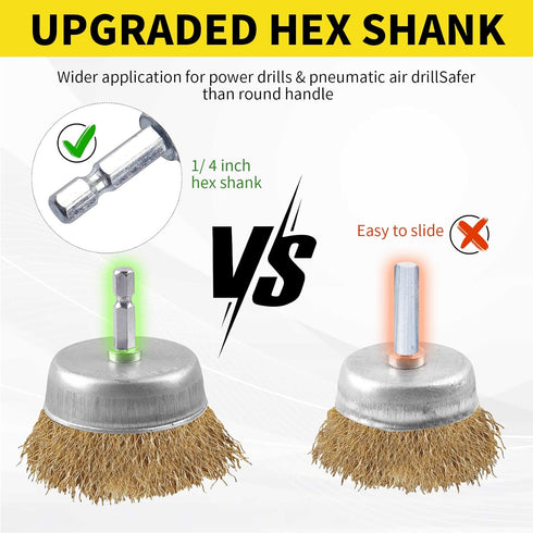 5 Pcs Wire Brush Wheel for Drill, Brass Wire Brush for Drill, 1/4 Inch Hex Shank, Wire Brush Drill Bit, Wire C up Brush for Rust Removal, Wire Bru...