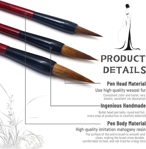 3 Sizes Chinese Calligraphy Brush Set, Kanji Sumi Drawing Brush with Resin Handle, Professional Traditional Chinese Painting Brush for Beginners S...