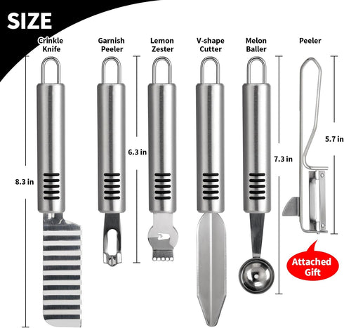 Stainless Steel Fruit Carving Knife Set, 5 Pack Vegetable Engraving Blades for Kitchen, Melon Baller Scoop,Lemon Zester, Garnish Peeler,Crinkle Kn...