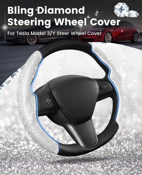 Diamond Bling Steering Wheel Cover for Tesla Model Y 2020-2024/2017-2024 Model 3,2PCS Car Steering Wheel Cover with Rhinestones Sparkling with Col...