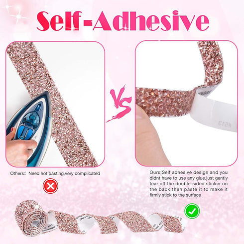 4 Rolls Rose Gold Pink Rhinestone Diamond Ribbon/Strips Self-Adhesive Crystal Diamond On a Roll, Bling Wrap DIY Art Crafts Sticker, Rhinestones Ta...