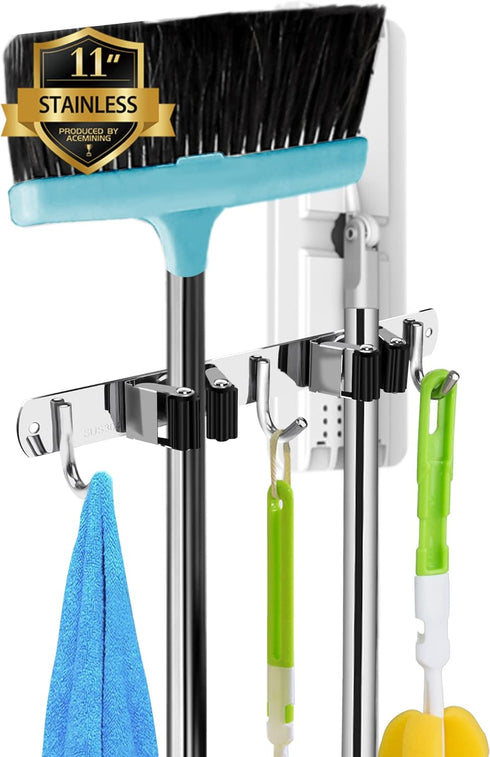 2 Racks and 3 Hooks Broom and Mop Holder Wall Mounted Garage Organizer Storage Tool Racks Stainless Steel Heavy Duty Hooks Self Adhesive Solid Non...