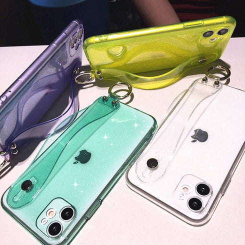 Omorro for iPhone 12 Mini Bling Girly Case, Glitter Candy Color Crystal Clear Cover with Adjustable Hand Finger Strap Kickstand Soft TPU Protectiv...