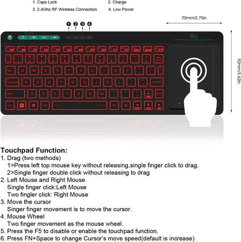 Rii K18 Plus Wireless 3-LED Color Backlit Multimedia Keyboard with Multi-Touch Big Size Trackpad,Rechargable Keyboard for Android TV Box,PC,Smart ...