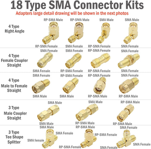 SMA Adapter Kit, 18pcs, Gold Plated, Compatible with FPV Antennas, Ham Radio, WiFi Router, etc....