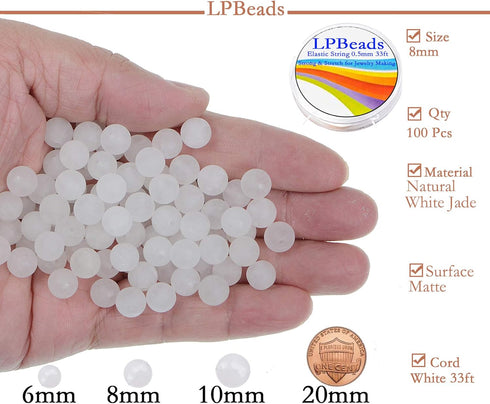 8mm Natural Matte White Jade Round Gemstone Frosted 100Pcs Bulk Loose Beads for Jewelry Making Bracelet with Stretch Beading Cord LPBeads...