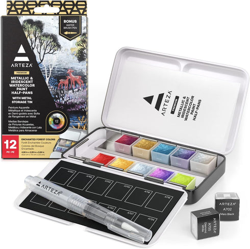 ARTEZA Watercolor Paint Set, 12 Metallic Watercolor Paints, Glitter Watercolor Paint in Half Pans, Travel Watercolor Set...