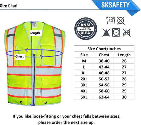 SKSAFETY 10 Pockets Safety Vest, Class 2 High Visibility Security with Zipper Back Mesh, Hi Vis Vest with Reflective Strips, ANSI/ISEA Standard, C...