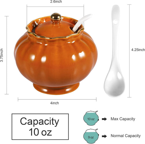 Ceramic Covered Salt Bowl Sugar Container Spice Box Seasoning Jar with Lid and Spoon for Home and Kitchen Coffee Bar, 9 OZ, Orange...
