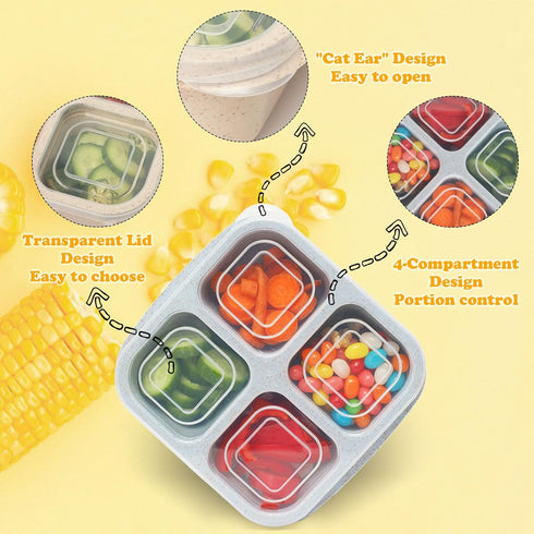 6 Pack Snack Containers, 4 Compartment Bento Snack Box Container, Reusable Meal Prep Lunch Containers for Kids Toddler Adults, Divided Food Contai...