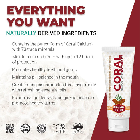 Coral Nano Silver Cinnamon Tea Tree Toothpaste, Natural Fluoride Free Teeth Whitening Toothpaste, Coral Calcium Nano Silver Infused SLS Free 4 Oun...