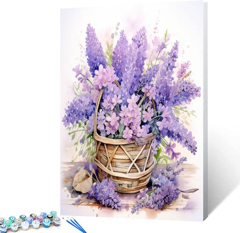Purple Flowers Lavender Basket Watercolor Painting Paint by Number Spring Flower DIY Painting on Canvas with Brushes Acrylic Paints Paint by Numbe...