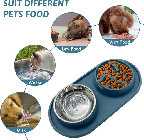 BNOSDM Slow Feeder Dog Bowls Double Puppy Slow Feeder No Spill Non-Skid Silicone Mat Dry Food Slow Eating Bowl Removable Stainless Steel Pet Bowls...