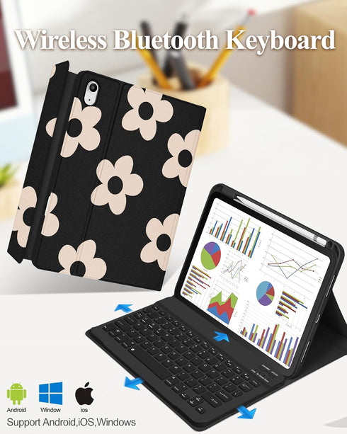 for iPad 10th Generation Case with Keyboard Pencil Holder 10.9 Inch Folio Tablet Cover Women Girls Cute Girly Teens Kawaii Black Flower Unique Des...