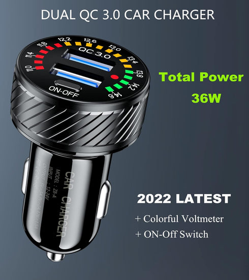 Car Charger, BRCOVAN Dual QC3.0 Port USB Car Charger Adapter, 36W 3A Fast Charge Car Phone Charger with Colorful Voltmeter & ON/Off Switch......