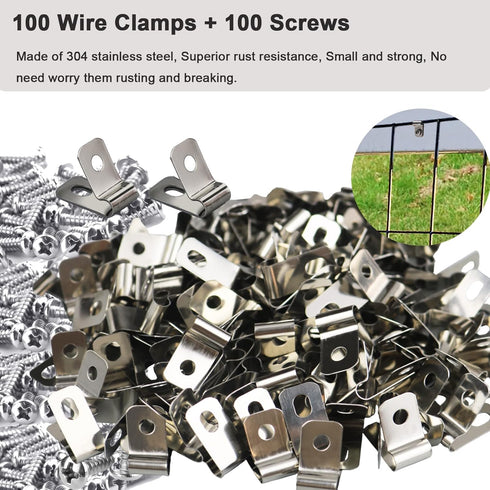 100 Pcs Fence Wire Clamps with 100 Pcs Screws, Stainless Steel Wire Clips Mount Welded Wire to Vinyl, Wood or Metal Fence (for 12-16 Gauge Wire Fe...