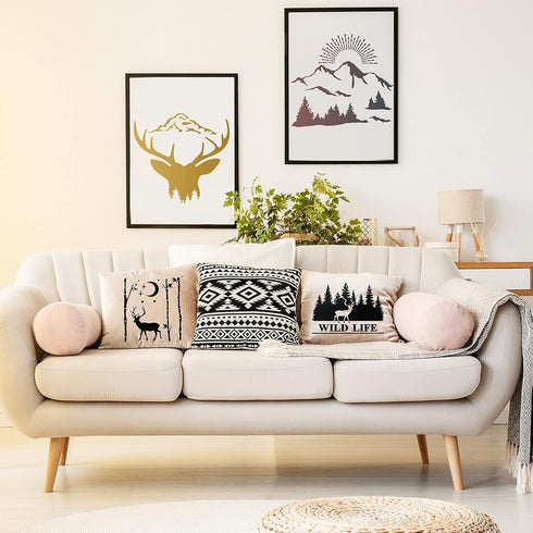 9 Piece Forest Deer Wolf Mountain Stencils Moon Bamboo Pattern Animal Flower Reusable Templates Forest Theme DIY Stencils with Metal Open Ring for...