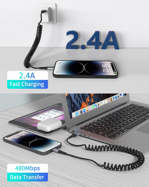 Coiled Lightning Cable, 2 Pack Coiled iPhone Charger Cable for Car Short Retractable iPhone Lightning Cable Compatible with Apple CarPlay iPhone 1...