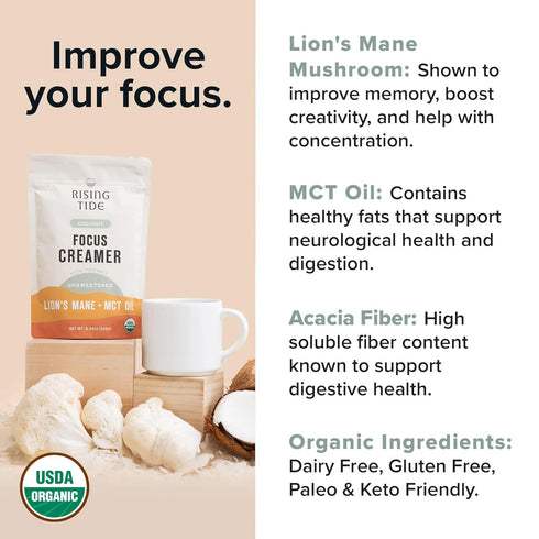 Rising Tide Organic Mushroom Superfood Creamer - Coconut Milk Powder, Lions Mane Mushrooms, & MCT Oil - Dairy Free, Unsweetened, Keto Friendly & P...