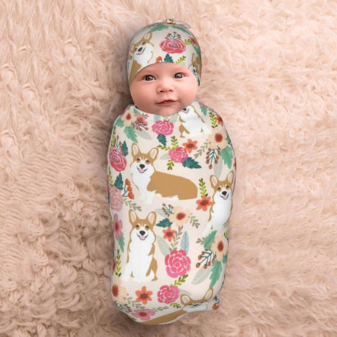 Cute Corgi Dog Baby Stuff Newborn Swaddle Blanket Cartoon Wrap Blanket Soft Stretchy Sleep Sack with Beanie Hat Gifts for Boys Girls Infant...