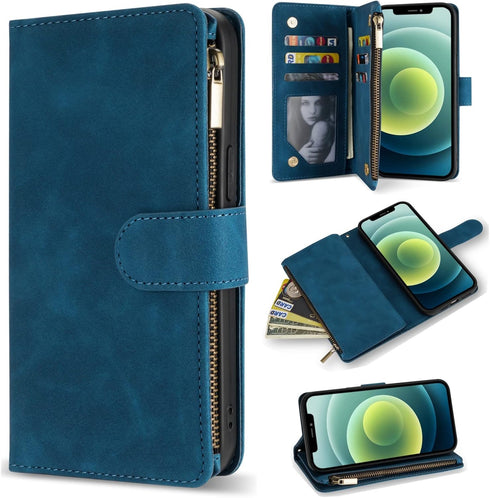 ZZXX for iPhone 12 Mini Wallet Case with Card Slot Premium Soft PU Leather Zipper Flip Folio Wallet with Wrist Strap Kickstand Protective for iPho...