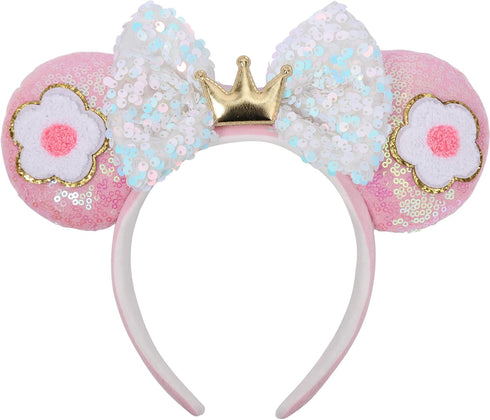 3D Mouse Ears Headbands, Flower Pink Sequin Mouse Ears for Women Girls, 2" Extra Thick Headband with 4" Park Ears, Birthday Party Decorations Hair...