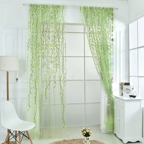 Ufurty 2 Pieces Willow Window Curtain Voile Tulle Room Salix Leaf Sheer Gauze Panel Drapes Green Color for Living Room, Bedroom, Balcony...